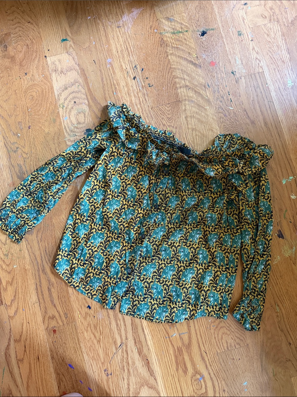 Women’s Off-Shoulder elephant print Blouse in green and Mustard